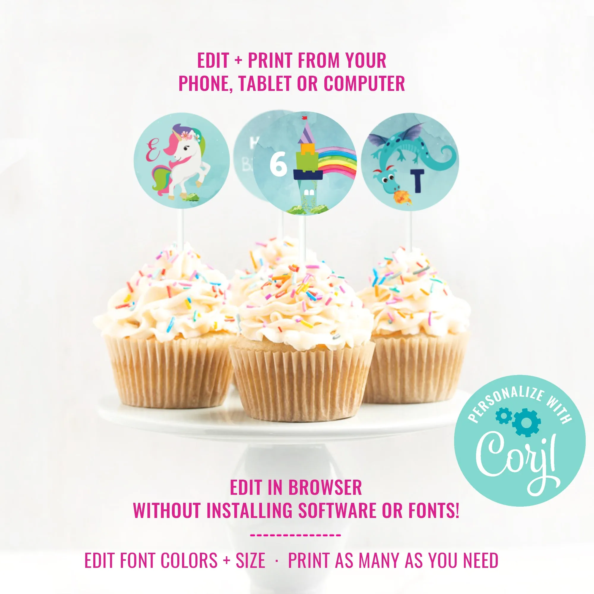 Dragon and Unicorn Party Cupcake Toppers | Boy and Girl Combined Party Toppers
