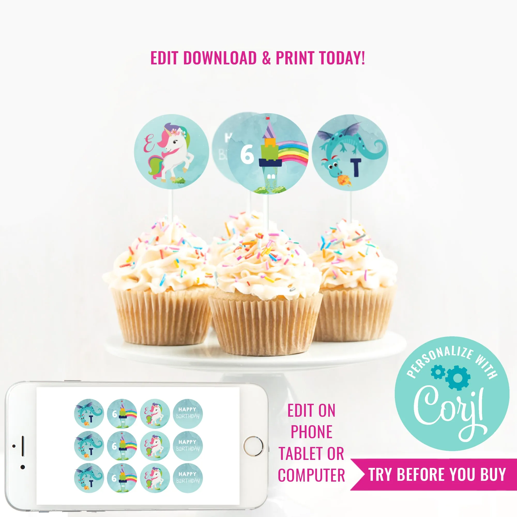 Dragon and Unicorn Party Cupcake Toppers | Boy and Girl Combined Party Toppers