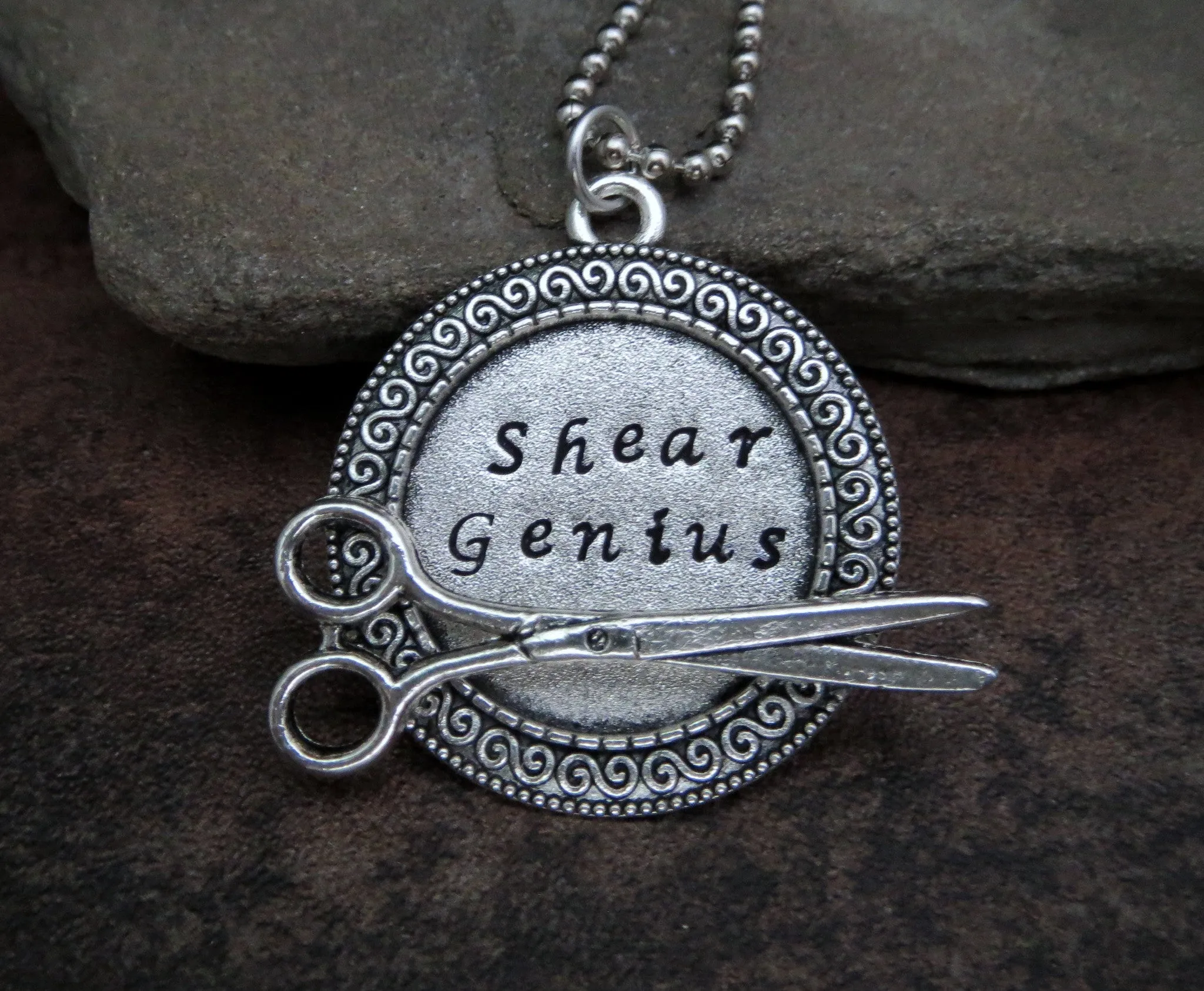Handmade Hand Stamped Shear Genius Hairdresser Stylist Necklace